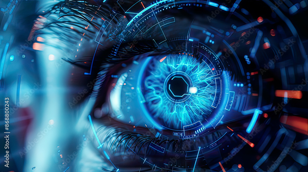 Fototapeta premium Biometric eye scan interface, detailed holographic elements, glowing blue patterns, intricate cyber patterns, modern tech background