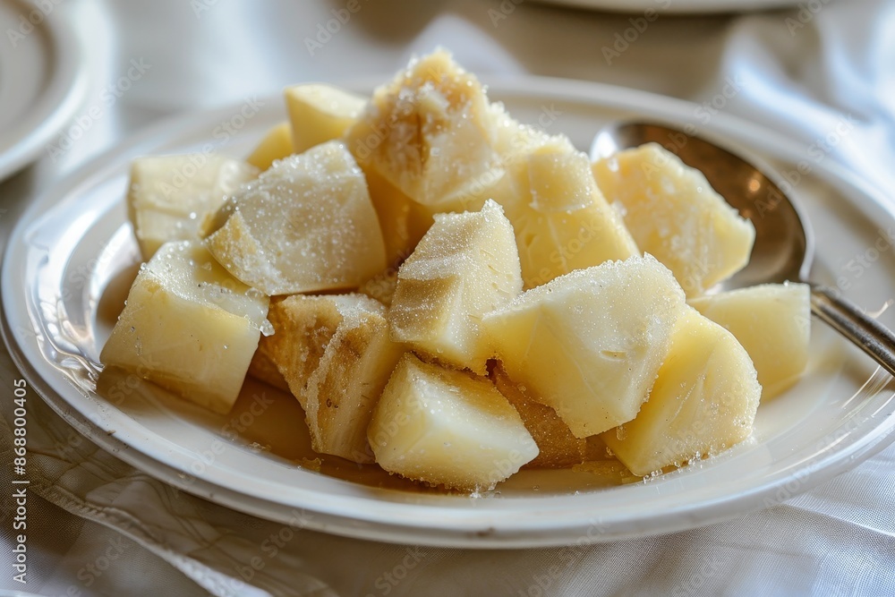 Stock photo of Indonesian food boiled cassava with brown sugar on white plate cream background Stock photo of Indonesian food boiled cassava with brown sugar on white plate cream background
