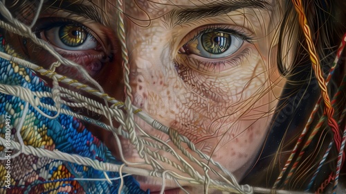 Close-up of a weaver's focused face, her sparkling eyes reflect the vibrant tapestry she's weaving.