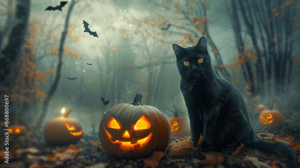 Black cat with glowing eyes among carved pumpkins in a moonlit forest. Concept of Halloween, spooky night, autumn, celebration Black cat with glowing eyes among carved pumpkins in a moonlit forest. Concept of Halloween, spooky night, autumn, celebration