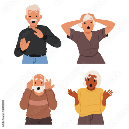 Set Of Cartoon Illustrations Of Four Elderly Individuals Displaying Shocked And Scared Facial Expressions
