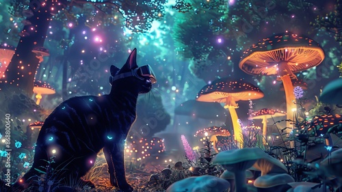 Black cat with VR headset exploring a fantasy forest with glowing mushrooms and butterflies. Concept of virtual reality, adventure, technology, nature photo