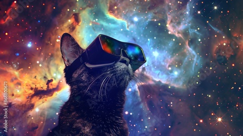 Black cat wearing VR headset in a colorful starry galaxy. Concept of virtual reality, space exploration, futuristic technology, digital world, funny pet