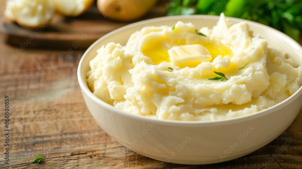 Creamy mashed potatoes with butter in a white bowl. Concept of comfort food, homemade cooking, potato dish, comfort eating Creamy mashed potatoes with butter in a white bowl. Concept of comfort food, homemade cooking, potato dish, comfort eating