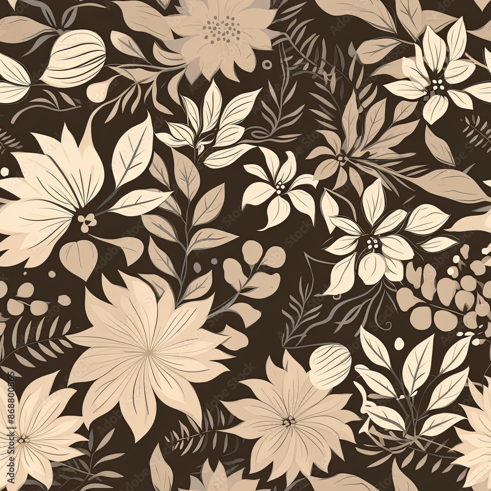 Abstract floral lino cuts of leaves and flowers designed in a random patter Abstract floral lino cuts of leaves and flowers designed in a random patter