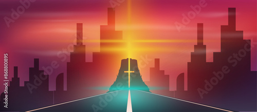 Road leading to glowing cross on hill overlooking city at sunset