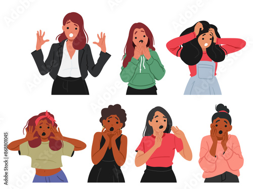 People Displaying Reactions Of Shock And Fear. Diverse Characters Representing A Range Of Emotions, Vector Illustration