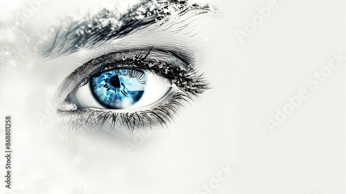 Wallpaper Mural Blue eye of a woman with motion blur effect, intricate iris details, clean white background, wide banner format, sleek modern aesthetic, photorealistic details Torontodigital.ca