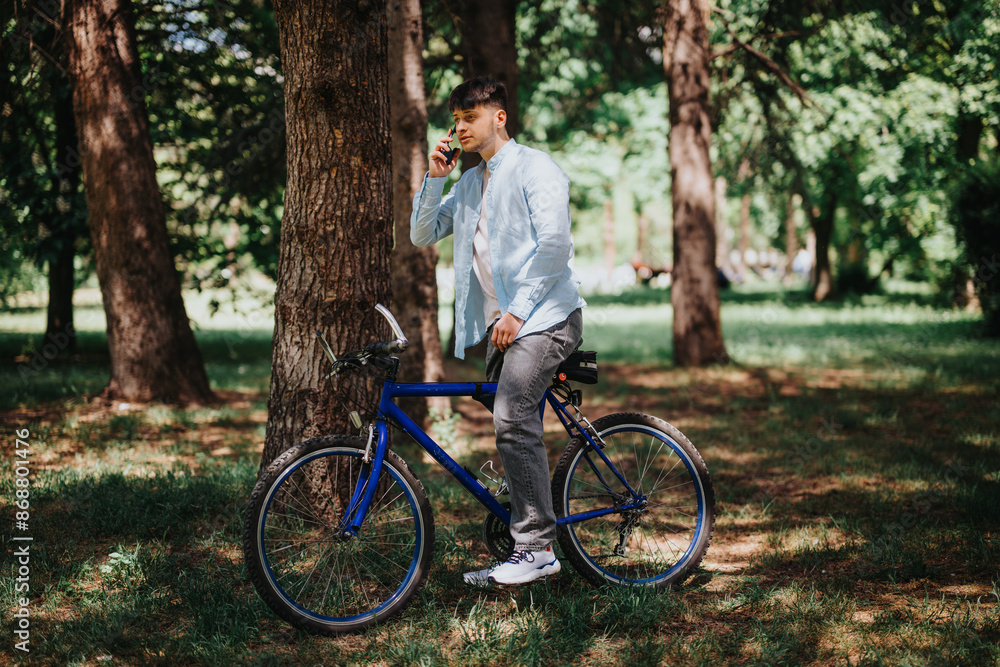 A young man in casual attire stands next to his blue bicycle in a lush green park, speaking on his mobile phone under the shade of trees. A young man in casual attire stands next to his blue bicycle in a lush green park, speaking on his mobile phone under the shade of trees.