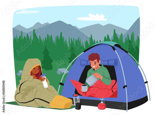 Two Cartoon Characters Enjoying A Camping Trip In The Mountains. One Is Sitting In A Sleeping Bag at Serene Nature
