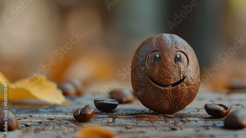 Cheerful Coffee Bean Character on Wooden Surface