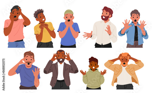 Cartoon Characters Reacting With Shock, Surprise And Fear. People Display A Range Of Emotions, Highlighting Expressions