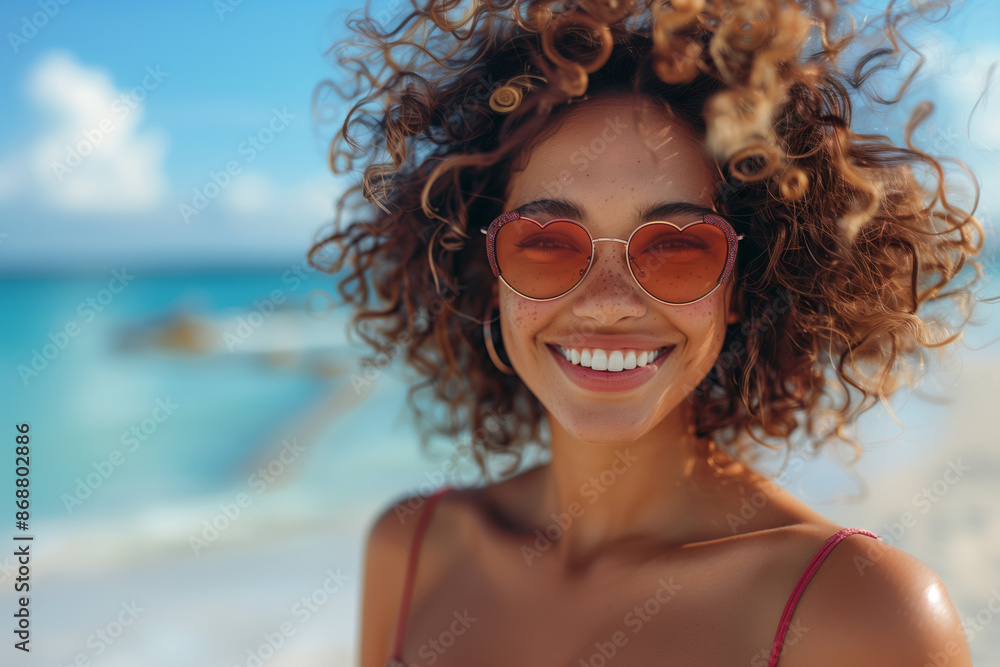 happy mixed race woman with curly hair smiling at the beach, wearing heart shaped sunglasses, blue sea background, sunlight. happy mixed race woman with curly hair smiling at the beach, wearing heart shaped sunglasses, blue sea background, sunlight.