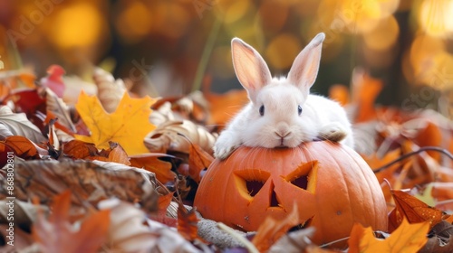 Adorable bunny resting on a carved pumpkin amidst autumn foliage. Concept of rabbit, fall season, Halloween, cute animals photo