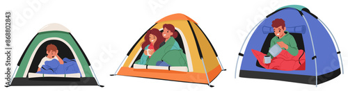 Illustration Of Cartoon Characters Experiencing Camping In Three Separate Tents, Sleeping, A Having A Cozy Drink