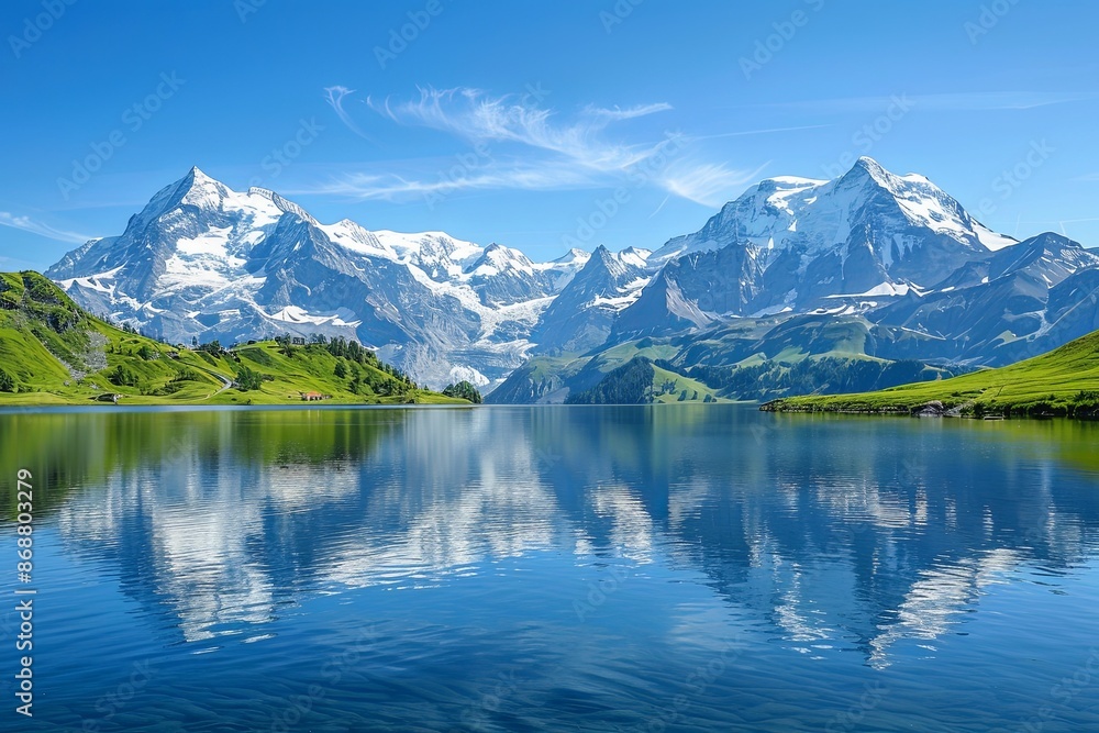 A tranquil alpine lake with crystal clear waters reflecting the snow-capped peaks of the Swiss Alps on a bright, sunny day. Generative AI A tranquil alpine lake with crystal clear waters reflecting the snow-capped peaks of the Swiss Alps on a bright, sunny day. Generative AI