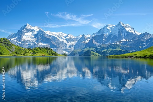 A tranquil alpine lake with crystal clear waters reflecting the snow-capped peaks of the Swiss Alps on a bright, sunny day. Generative AI