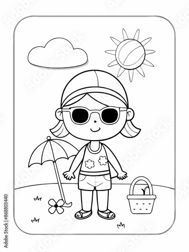 summer beach scene coloring page features a cheerful kid with a bucket and an umbrella, perfect for children to enjoy a fun and creative activity. Ideal for summer camps, beach parties, or a relaxing 