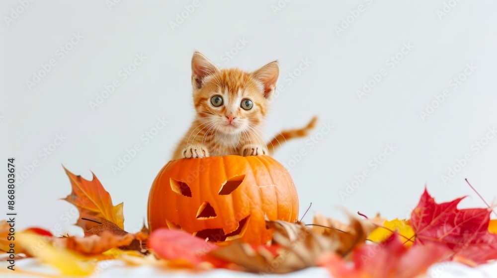 Obraz premium Orange tabby kitten peeking out of a carved pumpkin surrounded by autumn leaves. Concept of Halloween, fall season, cute pets, and festive decorations