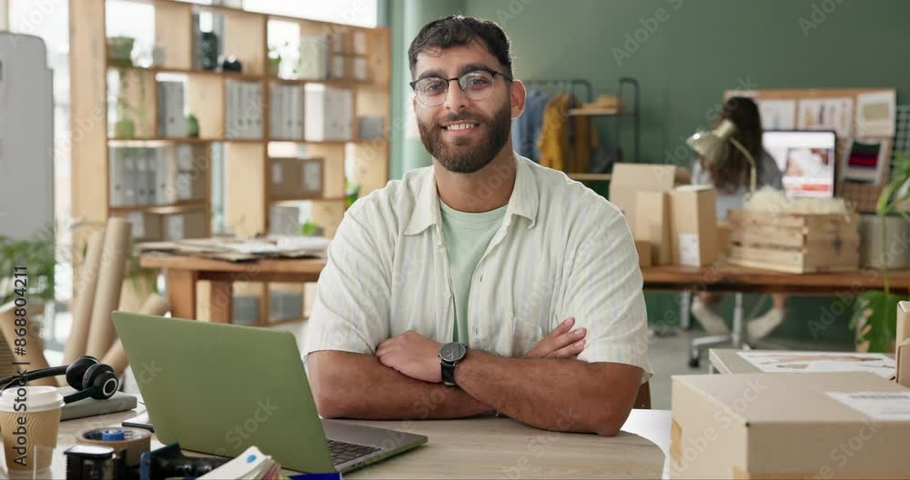 Arms crossed, box and laptop for delivery with man in distribution, logistics or supply chain office. Ecommerce, package and portrait of employee in workplace for commercial export or import order Arms crossed, box and laptop for delivery with man in distribution, logistics or supply chain office. Ecommerce, package and portrait of employee in workplace for commercial export or import order