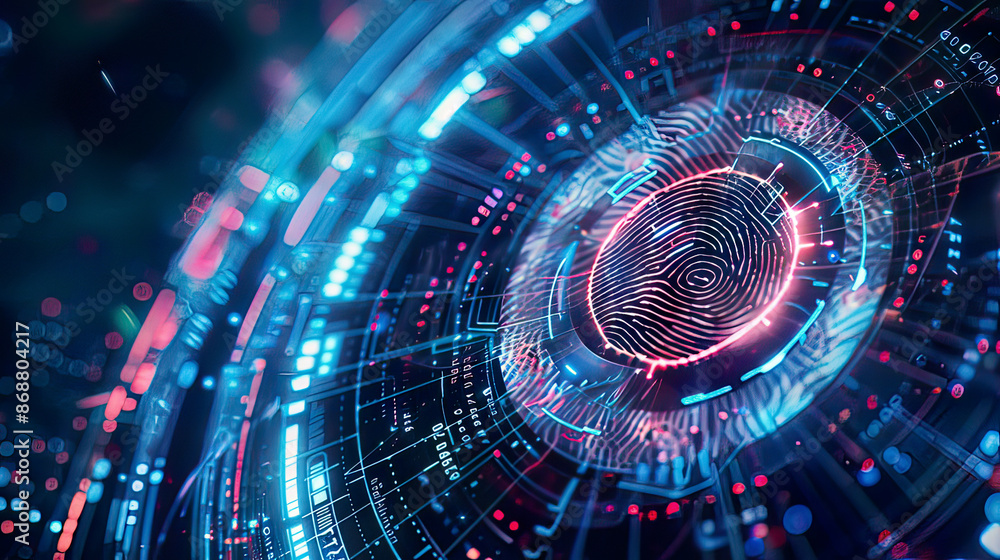 Fototapeta premium Digital fingerprint and iris scan, advanced biometric scanner, holographic patterns, detailed security interface, futuristic tech background, high contrast lighting