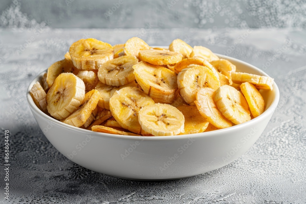 Sweet banana chips in white bowl on grey background Sweet banana chips in white bowl on grey background