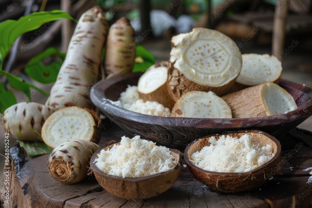 Tapioca root cooked with coconut to make South Indian dish Kappa Puzhukku served with Fish curry and chutney Tapioca root cooked with coconut to make South Indian dish Kappa Puzhukku served with Fish curry and chutney