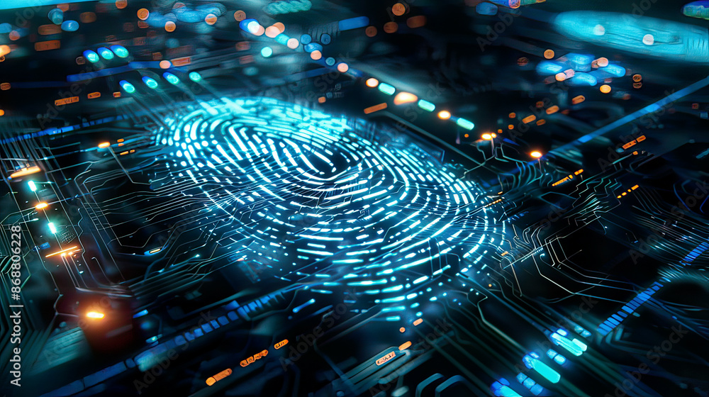 Fingerprint scan for security access, intricate biometric patterns, glowing holographic elements, modern tech design, Fingerprint scan for security access, intricate biometric patterns, glowing holographic elements, modern tech design,