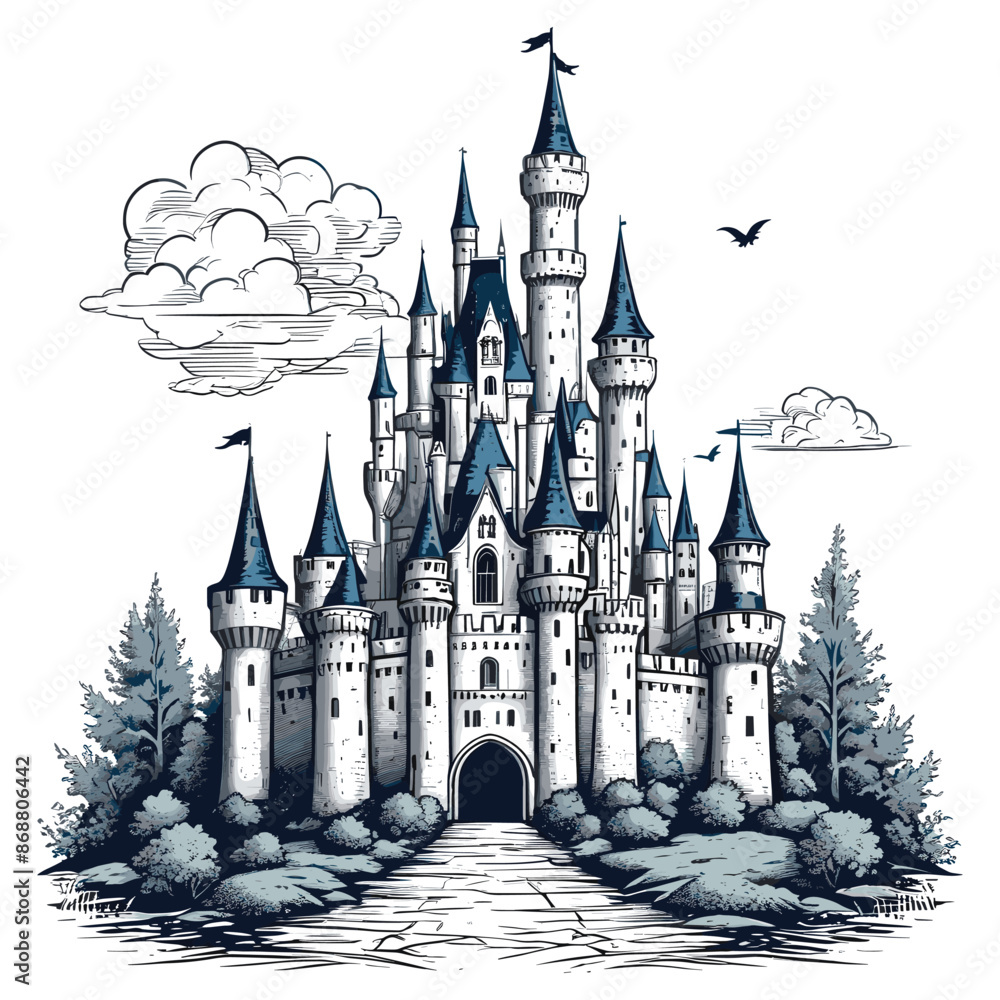 Fototapeta premium Castle Illustration with Towering Turrets Engraved Illustration