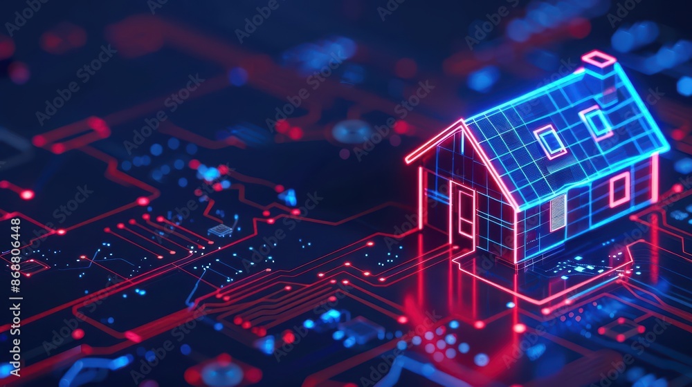 Clean cyber banner showcasing a digital home for sale with sleek lines and glowing elements with copy space Clean cyber banner showcasing a digital home for sale with sleek lines and glowing elements with copy space