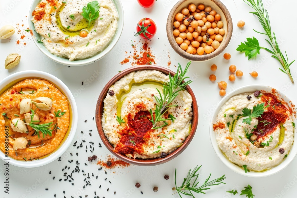 Traditional Mediterranean meze on white background top view