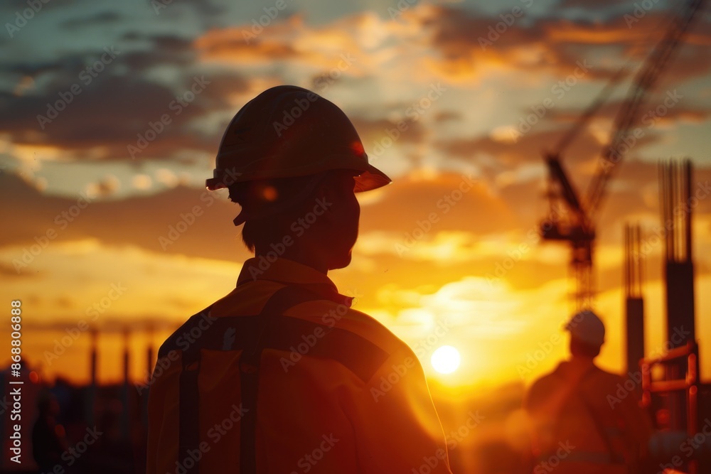 Fototapeta premium Construction worker silhouette at sunset