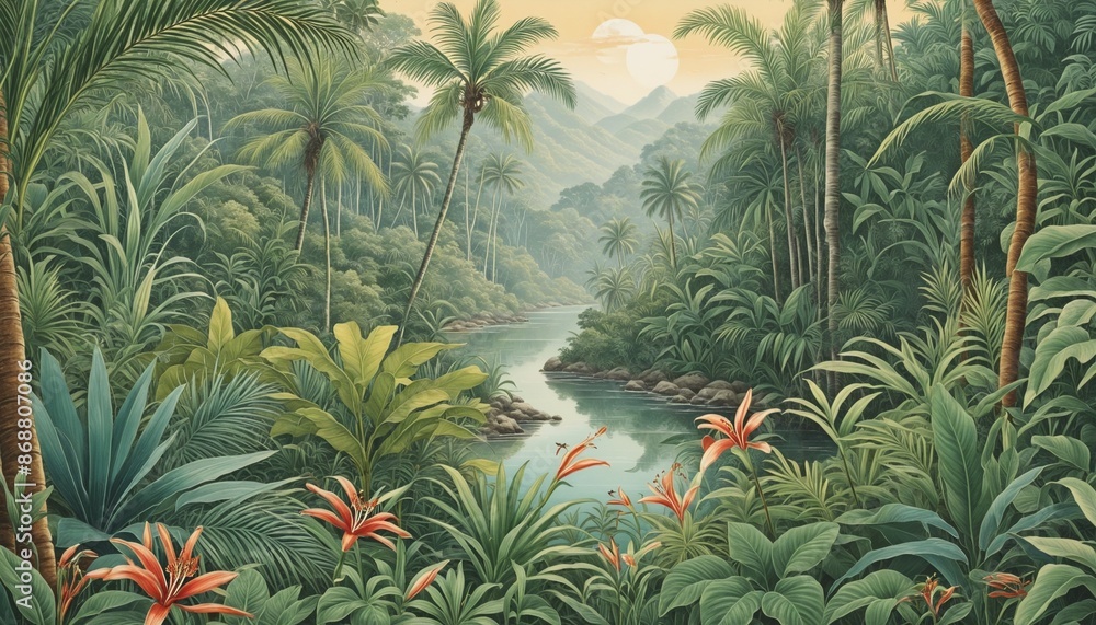 Vintage tropical botanical illustration of a lush jungle paradise