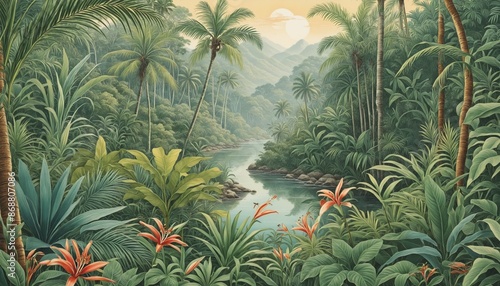 Obraz na płótnie Vintage tropical botanical illustration of a lush jungle paradise w salonie