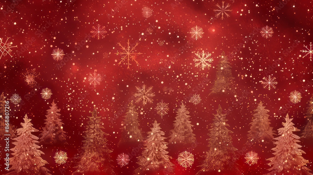 A pattern of Christmas trees and delicate snowflakes on a deep red background A pattern of Christmas trees and delicate snowflakes on a deep red background