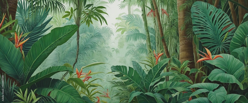 Exotic Jungle Paradise Wallpaper with Palm Leaves and Tropical Wildlife
