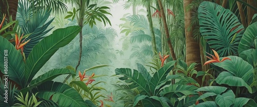 Obraz na płótnie Exotic Jungle Paradise Wallpaper with Palm Leaves and Tropical Wildlife w salonie