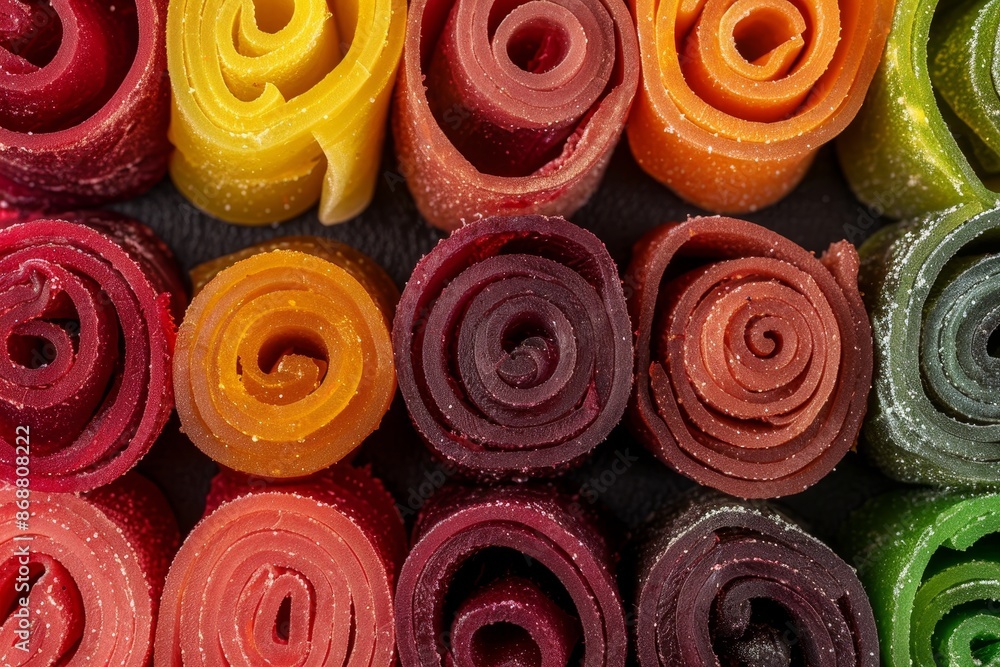 Various pastille rolls with fruit leather slices Raw vegan dessert without sugar or flour Healthy eating idea Colorful fruit leather rolls a Various pastille rolls with fruit leather slices Raw vegan dessert without sugar or flour Healthy eating idea Colorful fruit leather rolls a