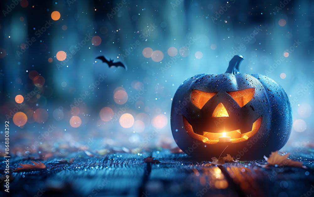 Fototapeta premium Creepy Jack-o'-Lantern on Rustic Porch with Bat Flying in Background