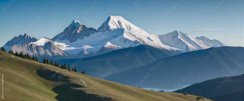 Scenic alpine landscape with snow-capped peaks and a panoramic view Scenic alpine landscape with snow-capped peaks and a panoramic view