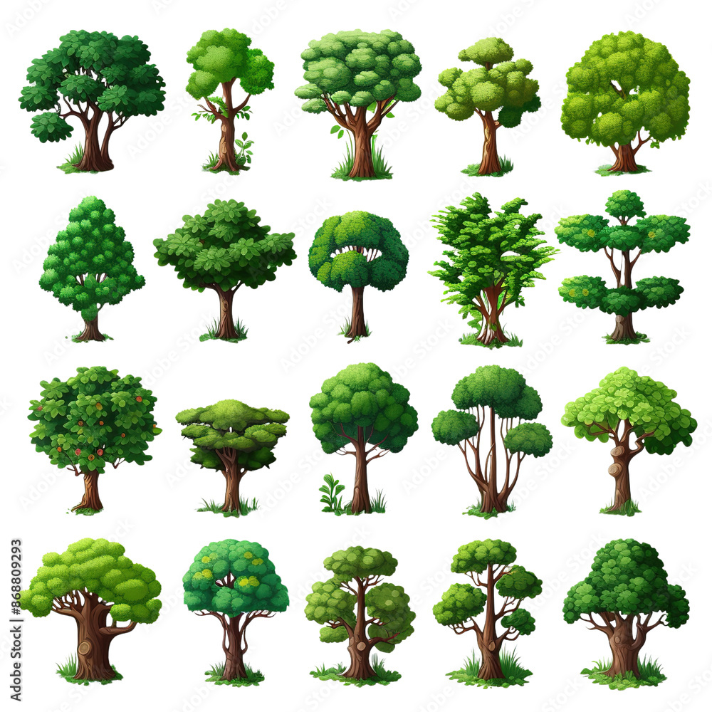 Fototapeta premium Variety of Stylized Trees for Game Design. Illustrations Trees Isolated on Transparent background.