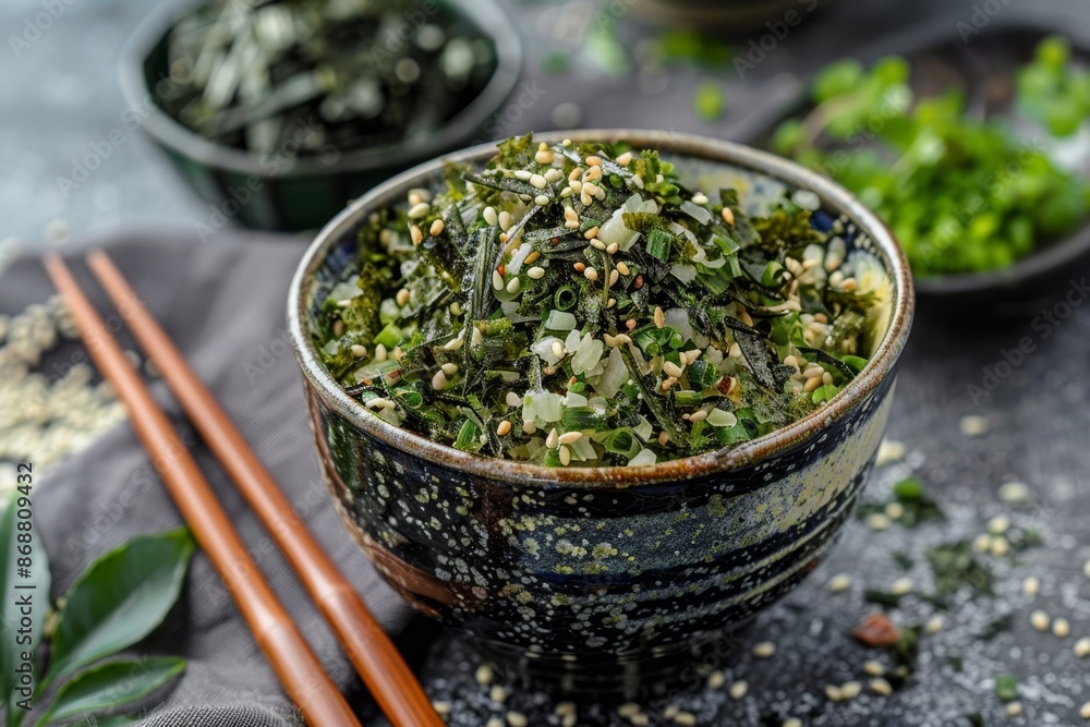 Vegan furikake with torn nori in bowl Japanese condiment Vegan furikake with torn nori in bowl Japanese condiment