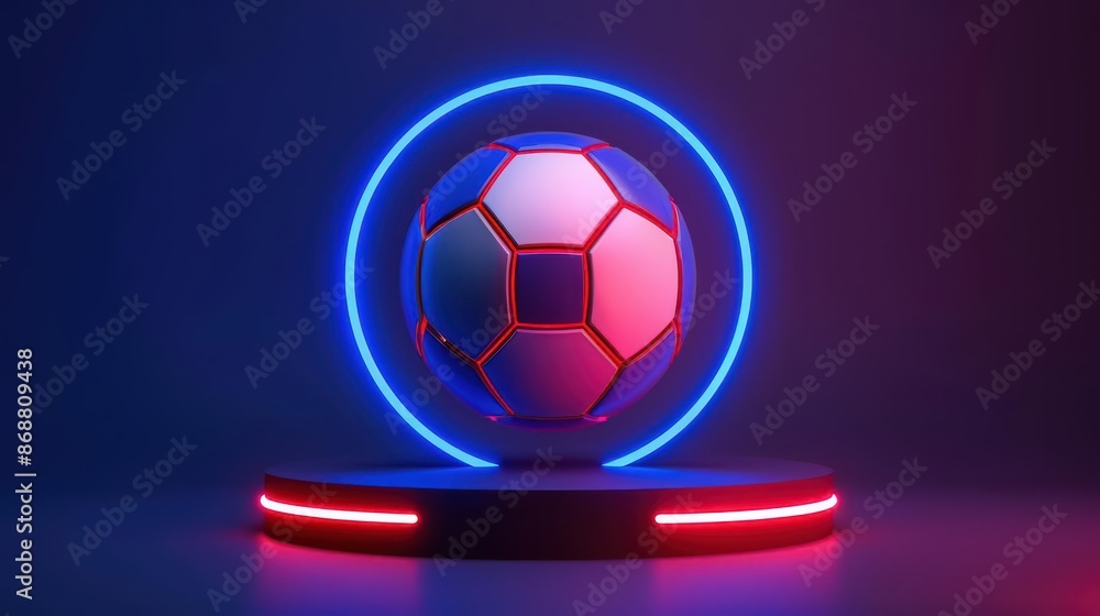 Fototapeta premium Hightech illustration of a futuristic soccer podium with vibrant neon accents and modern aesthetics with copy space