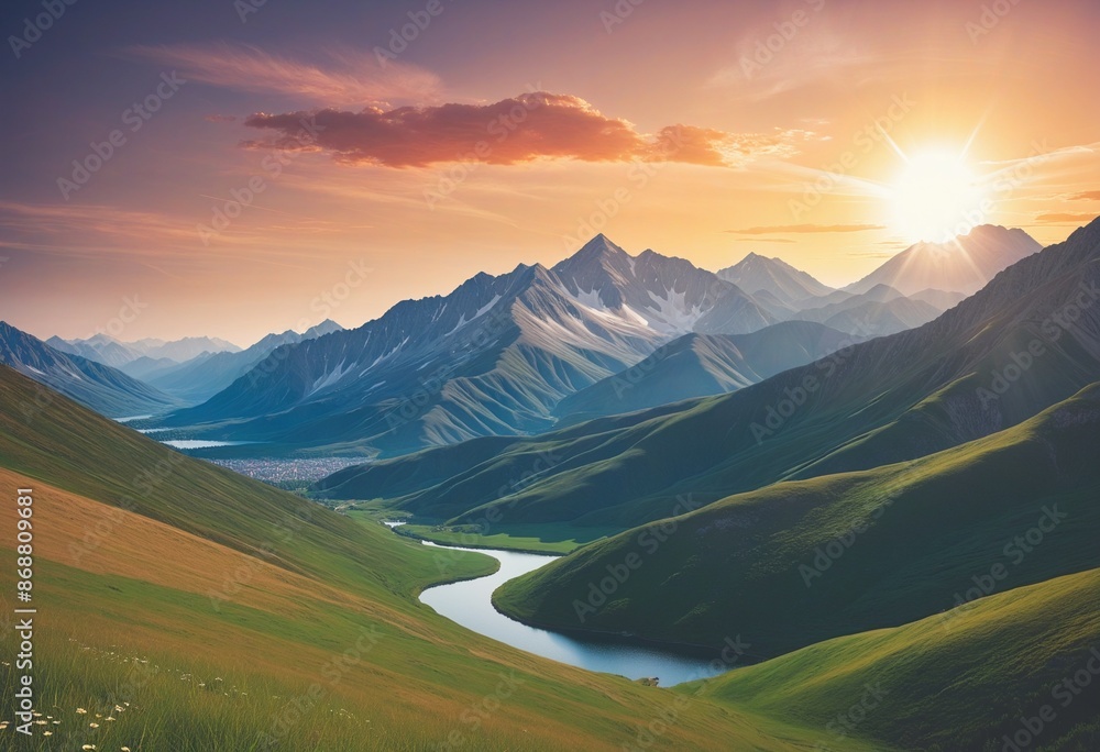 Path through a cartoon mountain landscape illustration Path through a cartoon mountain landscape illustration