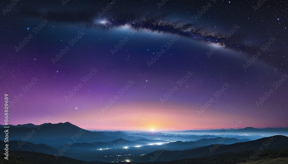 Fototapeta premium Mysterious Fantasy Night Sky with Crescent Moon and Illuminated Stars in Dramatic Orange, Purple, and Dark Blue Landscape - A Magical Illustration depicting the Beauty of Twilight and Darkness