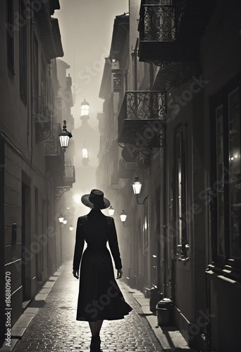 A historical Victorian detective woman in a black monochromatic dress in a noir city alley