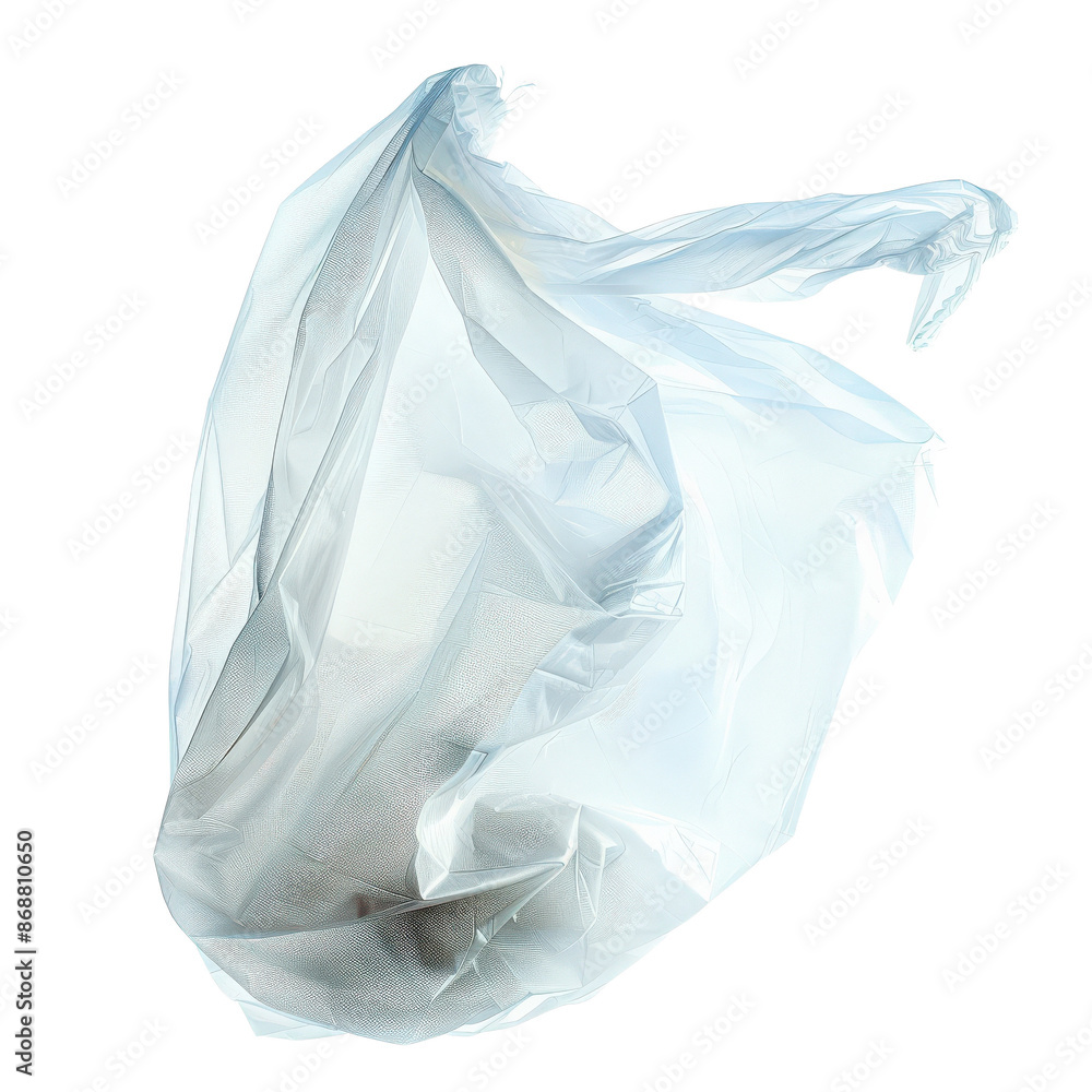 Fototapeta premium Close-up image of a white plastic bag on a white background, capturing texture and detail. Ideal for themes of recycling and waste management.