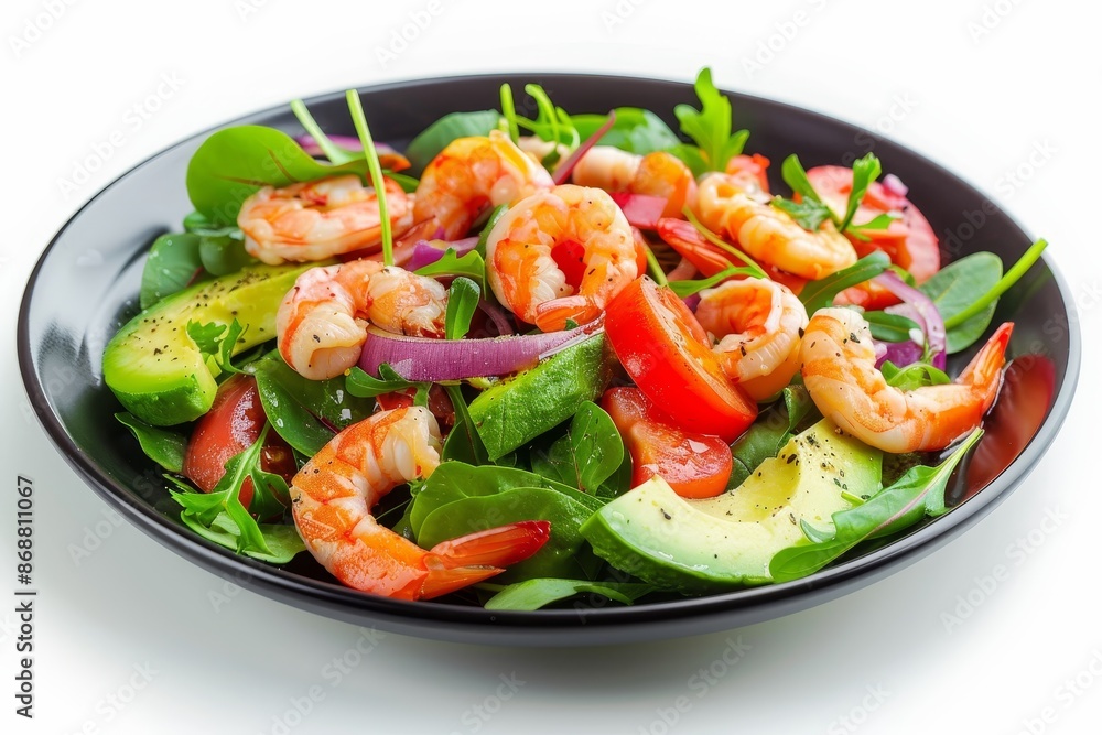 Avocado shrimp salad on black plate with white background Avocado shrimp salad on black plate with white background