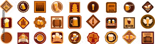 beer coaster icons set. Set of beer coasters with glasses, bottles, mugs, barrels and wheat for brewery, pub or oktoberfest