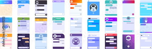 Bot window icons set. Set of messenger app screens showing chat bot windows with different color themes and conversation stages